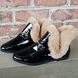Faux Fur trimmed patent leather Booties